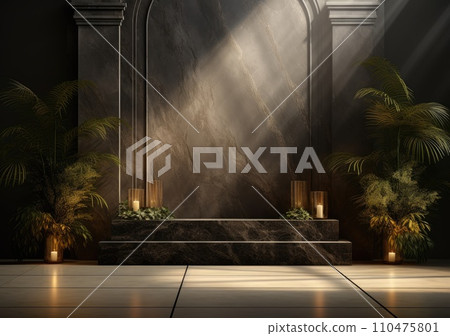 Dark podium, showcase for advertising products and goods. Display with natural stones and green tropical branches. Background for natural cosmetics and branding 110475801