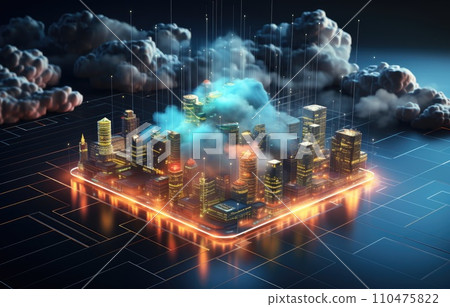 Cloud computing concept. Smart city wireless internet communication with cloud storage, cloud services. Download, upload data on server. Cloud computing concept. Smart city wireless internet communication with cloud storage, cloud services. Download, upload data on server. 110475822