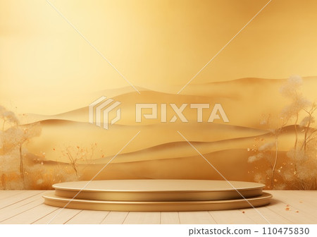 Realistic 3D render blank empty pastel pink podium with cherry blossom flower bouquet and blowing white curtain. Beauty products display, Backdrop 110475830