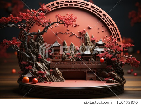 Lunar year background design with ingots and cherry flowers as the decoration, Podium stage chinese style for chinese new year and festivals or mid autumn festival. 110475870