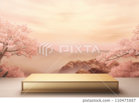 Realistic 3D render blank empty pastel pink podium with cherry blossom flower bouquet and blowing white curtain. Beauty products display, Backdrop Realistic 3D render blank empty pastel pink podium with cherry blossom flower bouquet and blowing white curtain. Beauty products display, Backdrop 110475887