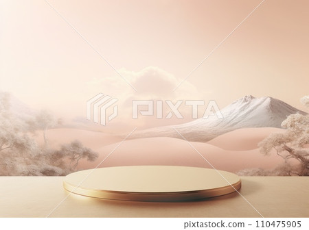 Realistic 3D render blank empty pastel pink podium with cherry blossom flower bouquet and blowing white curtain. Beauty products display, Backdrop 110475905