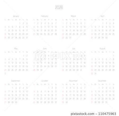 Monthly calendar of year 2026. Week starts on Sunday. Block of months in two rows and six columns horizontal arrangement. Simple thin minimalist design. Vector illustration. Monthly calendar of year 2026. Week starts on Sunday. Block of months in two rows and six columns horizontal arrangement. Simple thin minimalist design. Vector illustration. 110475963