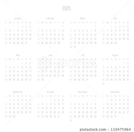 Monthly calendar of year 2025. Week starts on Sunday. Block of months in two rows and six columns horizontal arrangement. Simple thin minimalist design. Vector illustration. Monthly calendar of year 2025. Week starts on Sunday. Block of months in two rows and six columns horizontal arrangement. Simple thin minimalist design. Vector illustration. 110475964