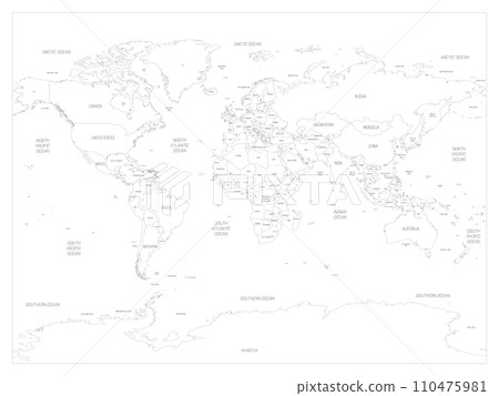 Map of World. Detailed thin black outline political map with country, sea and ocean names. Vector map. Map of World. Detailed thin black outline political map with country, sea and ocean names. Vector map. 110475981