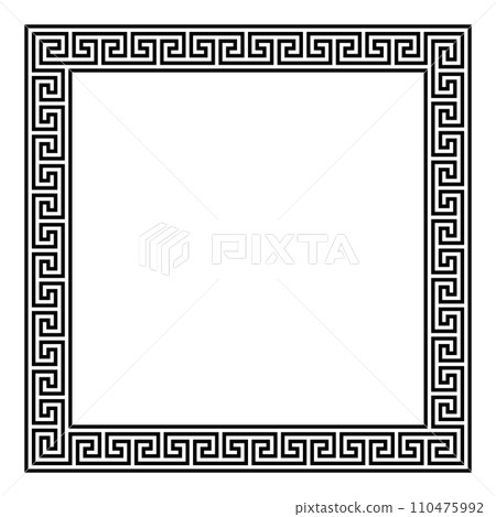 Meander pattern with changing direction, square frame. Decorative, border with seamless, direction changing meander pattern, made of lines, shaped into a repeated motif, known as Greek key. 110475992