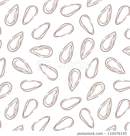 Almond line art seamless pattern. Hand drawn design for a grocery store, print, fabric, wrapping paper. Vector illustration isolated on a white background. 110476145
