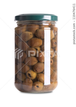 Pitted Leccino black olives, dressed in olive oil, preserved in a glass jar. One of the primary olive cultivars for Italian olive oil production, also used as table olive. Olea europaea. Front view. Pitted Leccino black olives, dressed in olive oil, preserved in a glass jar. One of the primary olive cultivars for Italian olive oil production, also used as table olive. Olea europaea. Front view. 110476411