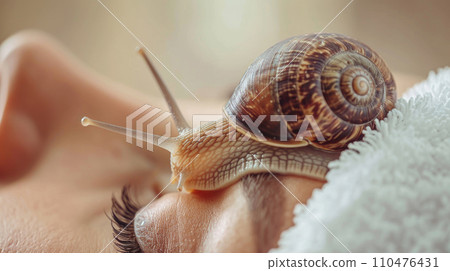 Young woman with a snail on her face Young woman with a snail on her face 110476431