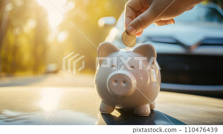 Piggy bank money box on a car background, Piggy bank money box on a car background, 110476439