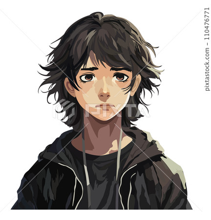 Sad young anime boy in black outfit. Vector isolated illustration. Sad young anime boy in black outfit. Vector isolated illustration. 110476771