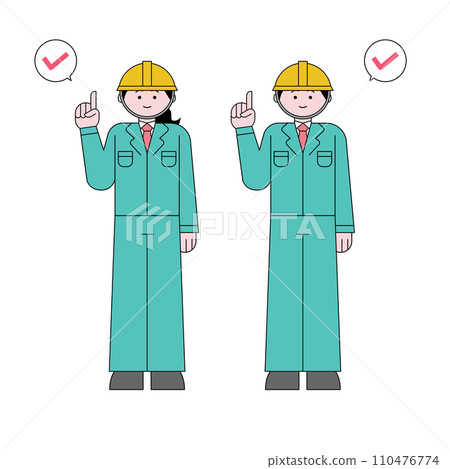 一個女人和一個男人穿著工作服並指著的插圖 一個女人和一個男人穿著工作服並指著的插圖 110476774