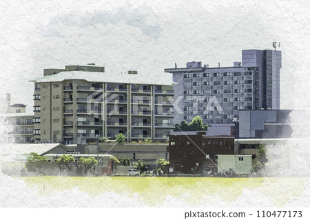 Watercolor style Echizen Awara Onsen Hot spring town Awara City, Fukui Prefecture Watercolor style Echizen Awara Onsen Hot spring town Awara City, Fukui Prefecture 110477173