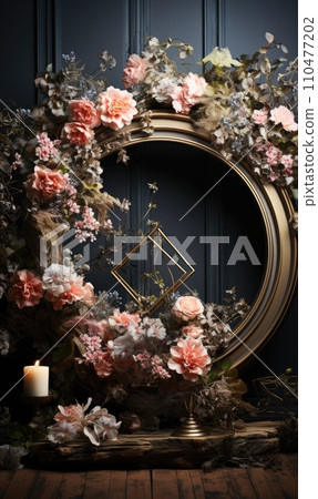 floral hoop digital backdrops. shoot set up with prop Flower and wood backdrop. Flower on hanging round floral hoop digital backdrops. shoot set up with prop Flower and wood backdrop. Flower on hanging round 110477202