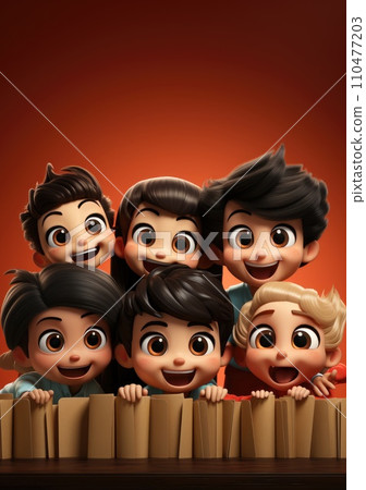 cute of character kids group friends on red chines culture suit of Chinese new year celebration concept with happy and funny cute of character kids group friends on red chines culture suit of Chinese new year celebration concept with happy and funny 110477203