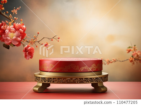 Chinese New Year red and golden theme podium scene with 3D oriental festive elements on background for product display Chinese New Year red and golden theme podium scene with 3D oriental festive elements on background for product display 110477205