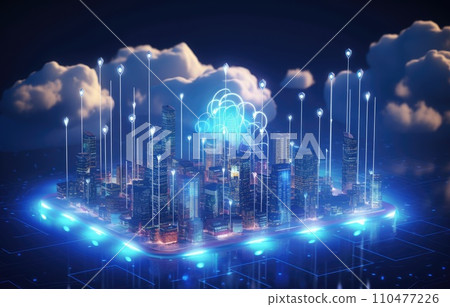 Cloud computing concept. Smart city wireless internet communication with cloud storage, cloud services. Download, upload data on server. Cloud computing concept. Smart city wireless internet communication with cloud storage, cloud services. Download, upload data on server. 110477226