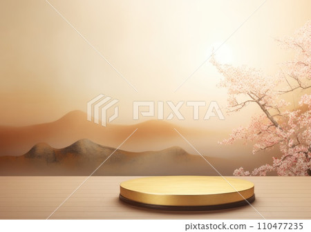 Realistic 3D render blank empty pastel pink podium with cherry blossom flower bouquet and blowing white curtain. Beauty products display, Backdrop 110477235