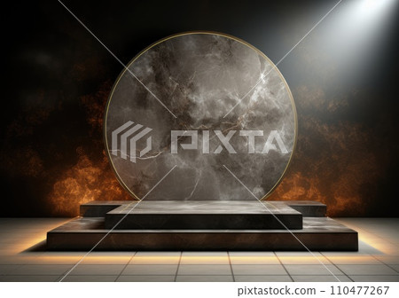 Dark podium, showcase for advertising products and goods. Display with natural stones and green tropical branches. Background for natural cosmetics and branding 110477267