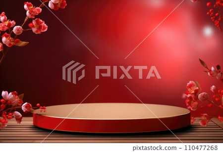 red cylinder podium for products display presentation, Chinese new year, Chinese Festivals, Mid Autumn Festival, poster, greeting card. 110477268