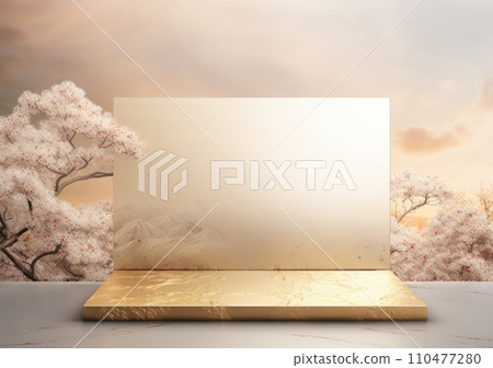Realistic 3D render blank empty pastel pink podium with cherry blossom flower bouquet and blowing white curtain. Beauty products display, Backdrop 110477280