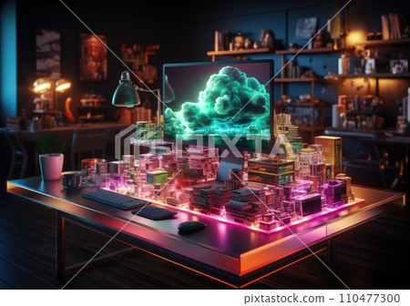neon light showing cloud computing on tablet, Computer system resources and data storage, Cloud service technologies concept 110477300