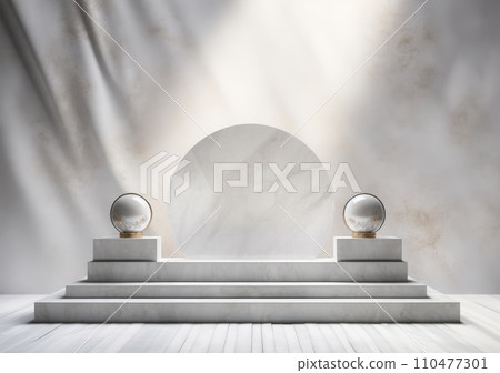 abstract modern minimal background with cobblestones on the wet floor. Trendy showcase with golden round frame and empty platform for product displaying 110477301