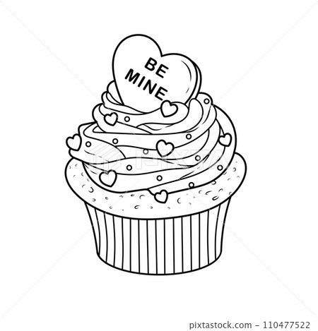 Vector illustration of cupcake for valentine's day.Doodle sketch of brownie with hearts decoration. Colouring book page Vector illustration of cupcake for valentine's day.Doodle sketch of brownie with hearts decoration. Colouring book page 110477522