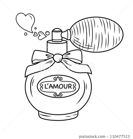 Vector illustration of retro perfume bottle with pom pom. Romantic doodle sketch of love scent for valentine's day 110477523