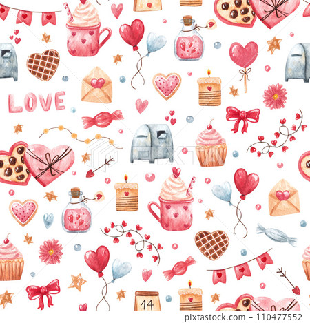 Watercolor seamless pattern with love symbols and sweets. Hand drawn cute elements as balloons, garland, flags, hearts, letter, candies Watercolor seamless pattern with love symbols and sweets. Hand drawn cute elements as balloons, garland, flags, hearts, letter, candies 110477552