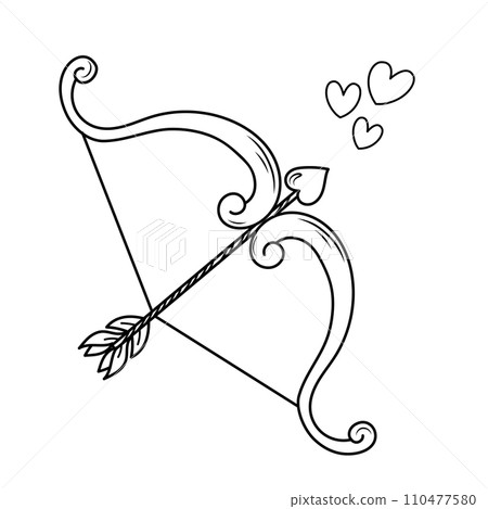 Hand drawn vector illustration of Cupid's bow with arrow and hearts. Romantic doodle sketch for valentine's day.  110477580