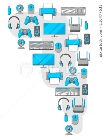 Background with computer equipment. Gaming technology and work devices. 110477633