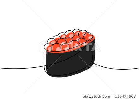 Ikura sushi, tobiko maki sushi one line colored continuous drawing. Japanese cuisine, traditional food continuous one line illustration. Ikura sushi, tobiko maki sushi one line colored continuous drawing. Japanese cuisine, traditional food continuous one line illustration. 110477668