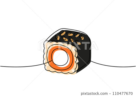 Tekkamaki roll one line colored continuous drawing. Japanese cuisine, traditional food continuous one line illustration. Vector linear illustration Tekkamaki roll one line colored continuous drawing. Japanese cuisine, traditional food continuous one line illustration. Vector linear illustration 110477670