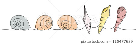 Scallop sea shells set. Sea shells, mollusks, scallop, pearls. Tropical underwater shells continuous one line illustration. Scallop sea shells set. Sea shells, mollusks, scallop, pearls. Tropical underwater shells continuous one line illustration. 110477689