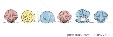 Set of sea shells. Sea shells, mollusks, scallop, pearls. Tropical underwater shells continuous one line illustration. Vector minimalist illustration. Set of sea shells. Sea shells, mollusks, scallop, pearls. Tropical underwater shells continuous one line illustration. Vector minimalist illustration. 110477690