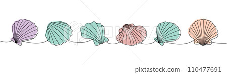 Underwater shells set. Sea shells, mollusks, scallop, pearls. Tropical underwater shells continuous one line illustration. Underwater shells set. Sea shells, mollusks, scallop, pearls. Tropical underwater shells continuous one line illustration. 110477691