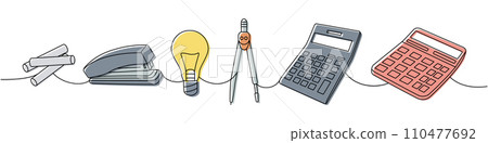 School supply assortment. Back to school one line colored continuous drawing. Calculators, compass divider, chalk pencil, crayons, office stapler 110477692