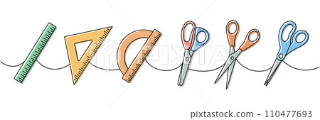Set of school supplies. Back to school one line colored continuous drawing. Scissors, Ruler scale, protractor and triangle ruler, measuring tool Set of school supplies. Back to school one line colored continuous drawing. Scissors, Ruler scale, protractor and triangle ruler, measuring tool 110477693