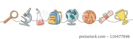 School supplies set. Back to school one line colored continuous drawing. Backpack, schoolbag, globe, basketball ball, magnifying glass, microscope School supplies set. Back to school one line colored continuous drawing. Backpack, schoolbag, globe, basketball ball, magnifying glass, microscope 110477696