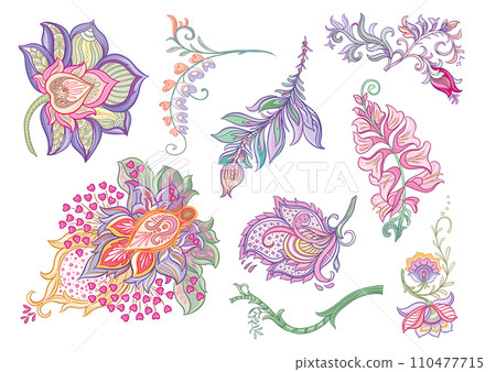 Fantasy flowers in retro, vintage, jacobean embroidery style. 110477715