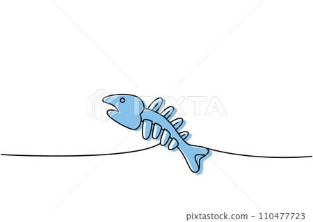 Fish bone skeleton one line colored continuous drawing. Animals accessories, pet toy supplies continuous one line illustration. Fish bone skeleton one line colored continuous drawing. Animals accessories, pet toy supplies continuous one line illustration. 110477723