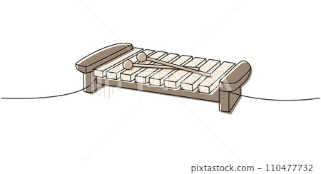 Wooden xylophone one line colored continuous drawing. Musical instruments continuous one line illustration. Vector minimalist linear illustration. 110477732