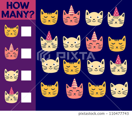 How many Cat, game for children. How many are they game. Count the Cats in the picture and write the result. How many Cat, game for children. How many are they game. Count the Cats in the picture and write the result. 110477743