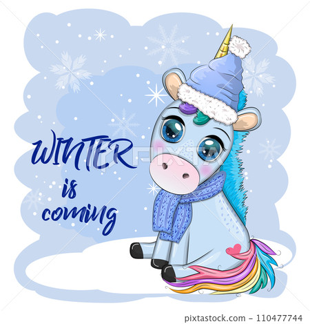 Cute cartoon unicorn in santa hat with gift, christmas ball, candy kane. New Year and Christmas holiday. Cute cartoon unicorn in santa hat with gift, christmas ball, candy kane. New Year and Christmas holiday. 110477744