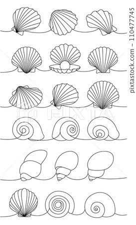 Mollusks set. Sea shells, mollusks, scallop, pearls. Tropical underwater shells continuous one line illustration. Vector minimalist illustration. Mollusks set. Sea shells, mollusks, scallop, pearls. Tropical underwater shells continuous one line illustration. Vector minimalist illustration. 110477745