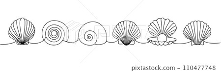 Set of sea shells. Sea shells, mollusks, scallop, pearls. Tropical underwater shells continuous one line illustration. Vector minimalist illustration. Set of sea shells. Sea shells, mollusks, scallop, pearls. Tropical underwater shells continuous one line illustration. Vector minimalist illustration. 110477748
