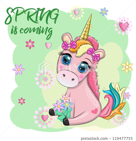 Unicorn with flowers, in a wreath, spring is coming, postcard for the holiday of spring Unicorn with flowers, in a wreath, spring is coming, postcard for the holiday of spring 110477755