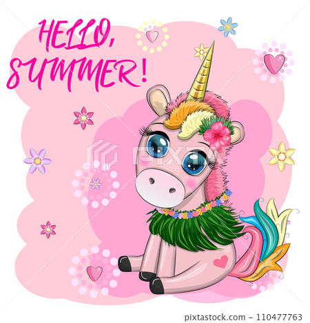 Cute cartoon unicorn dressed as a hula dancer, Hawaii, ready to go character. Summer 110477763