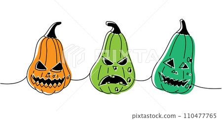 Halloween pumpkins faces. Pumpkins scary faces set one line colored continuous drawing. Autumn halloween vegetables continuous one line illustration. 110477765